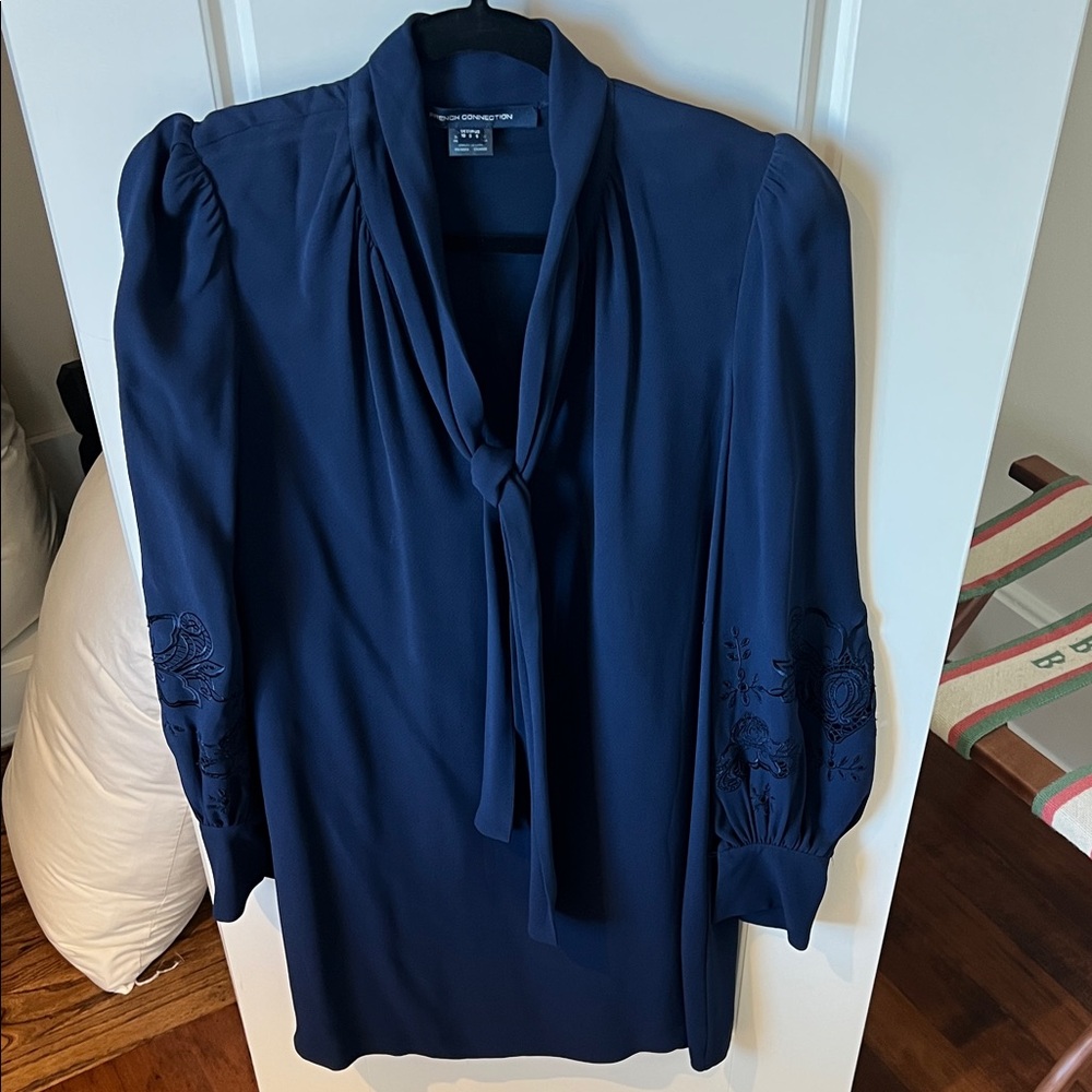 French Connection Navy Dress with Embroidered Sleeves